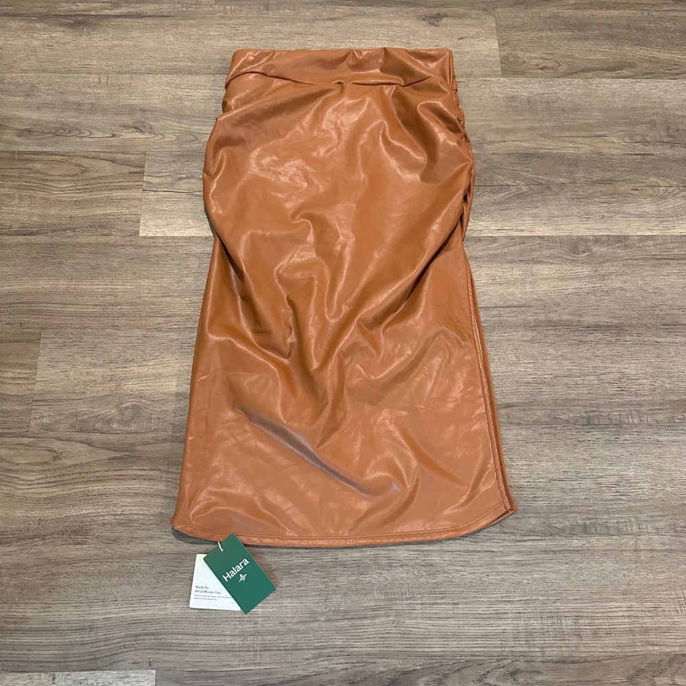 Halara Faux Leather Ruched Midi Skirt with Built-in Shorts Brown Size L NWT